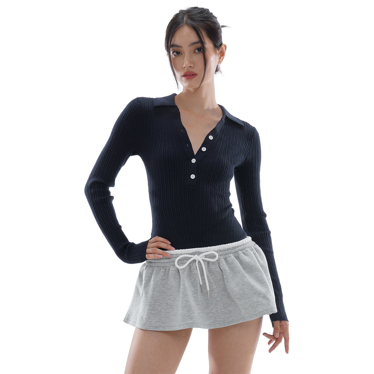 Women Fashion Casual Solid Color Low-Waist Drawstring Skirt