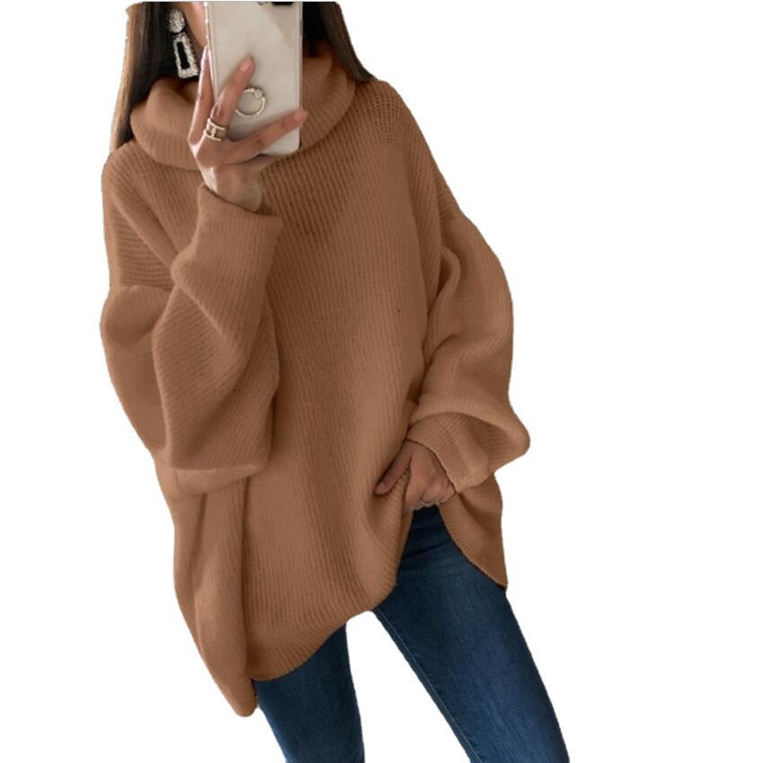 Women Fashion Casual Solid Color Pile Collar Plus Size Loose Knitted Sweater