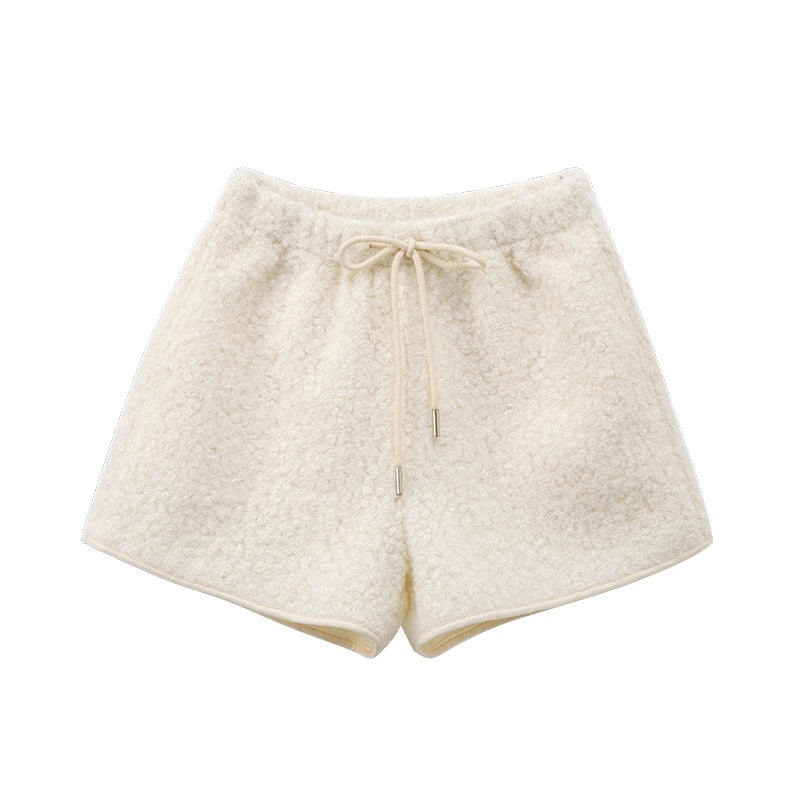 Women Fashion Casual Lamb Fleece High-Waist Wide Leg Shorts