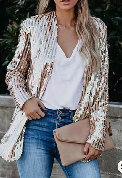 Blazer informal de manga larga con solapa y lentejuelas lisas para mujer