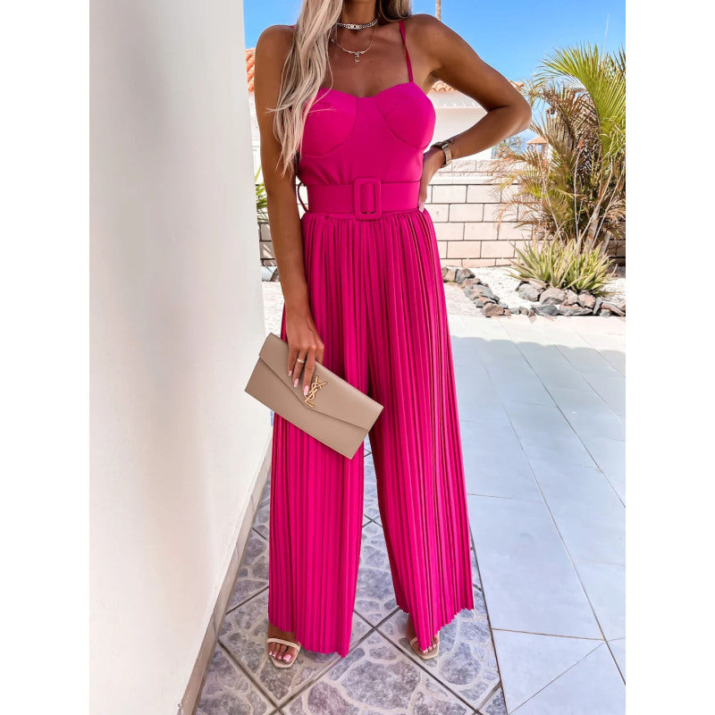Women Summer Sexy Sling Pleated Casual Vacation Solid Color Jumpsuits