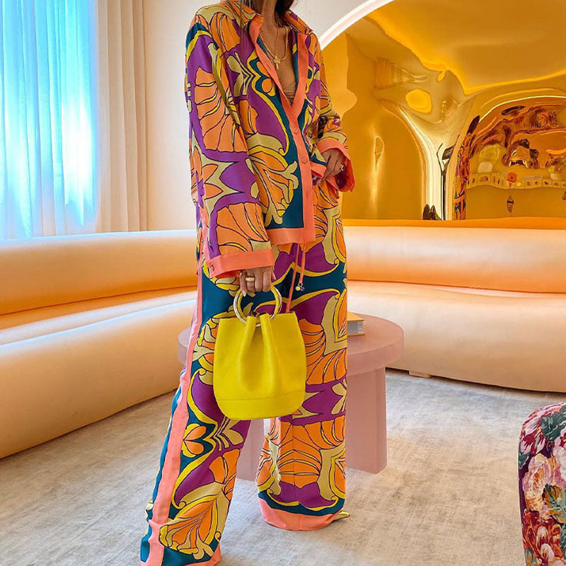 Camisa de manga larga con estampado informal para mujer, blusa y pantalones, traje de estilo étnico