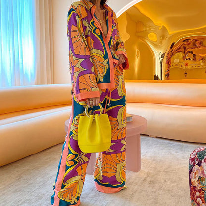 Camisa de manga larga con estampado informal para mujer, blusa y pantalones, traje de estilo étnico