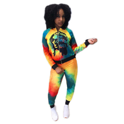 Conjunto de dos piezas informal de moda para mujer, con top y pantalón de manga larga con cremallera y estampado tie-dye