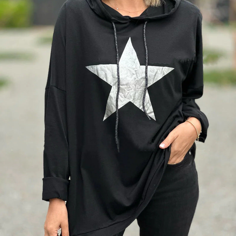 Sudadera con capucha de manga larga con estampado de estrellas para mujer, informal y holgada