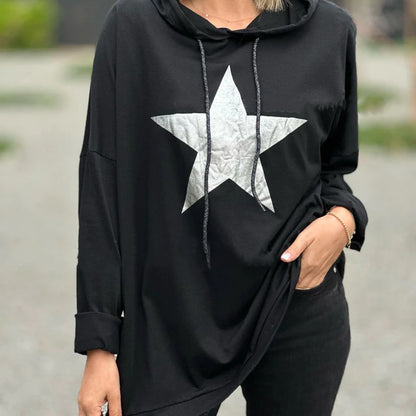 Sudadera con capucha de manga larga con estampado de estrellas para mujer, informal y holgada