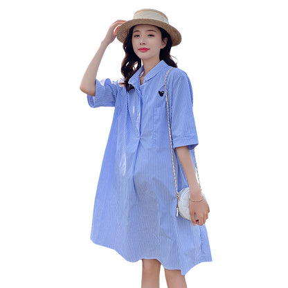Pregnant Women Fashion Casual Stripe Lapel Short-Sleeve Loose Dress