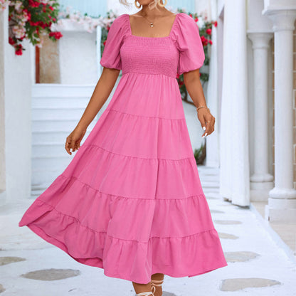 Vestido largo informal de verano para mujer, estilo bohemio, color liso, con hombros descubiertos y volantes