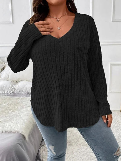 Women Fashion Casual Solid Color Rib-Knit Long Sleeve Plus Size Top