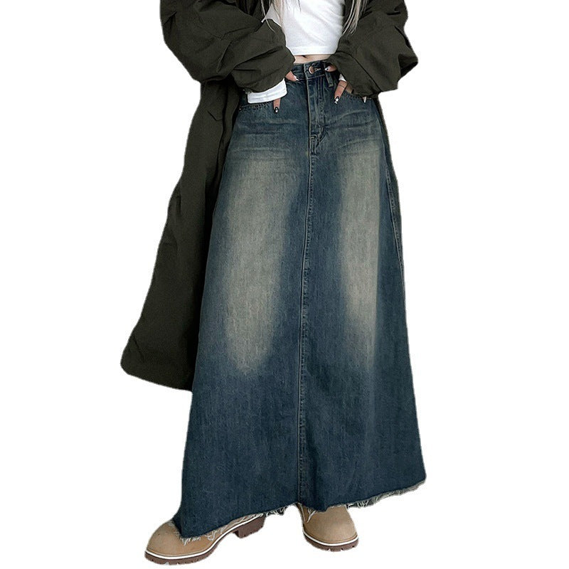 Women Denim Low Waist Loose Casual Long Skirt