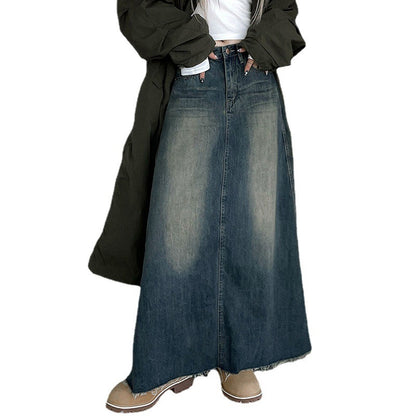 Women Denim Low Waist Loose Casual Long Skirt