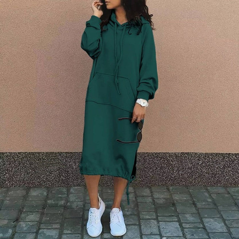 Women Fashion Casual Winter Solid Color Plus Size Hooded Long Sleeve Sweatshirt Dress