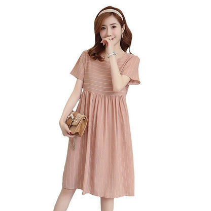 Pregnant Women Fashion Casual Stripe Lapel Short-Sleeve Lace-Up Loose Dress