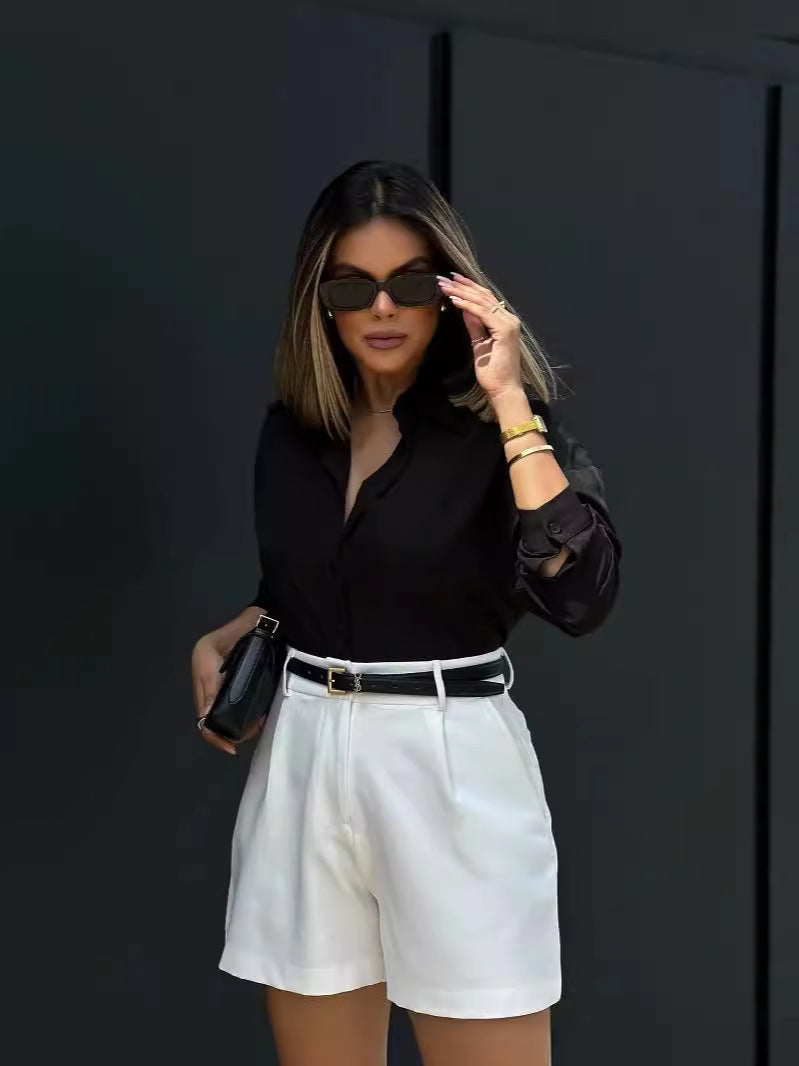 Women Fashion Casual Solid Color High Waist Shorts