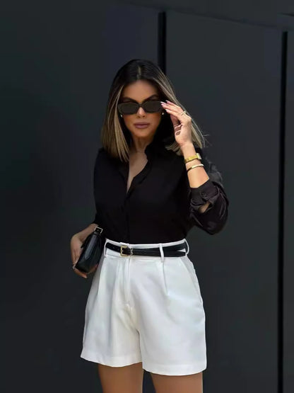 Women Fashion Casual Solid Color High Waist Shorts