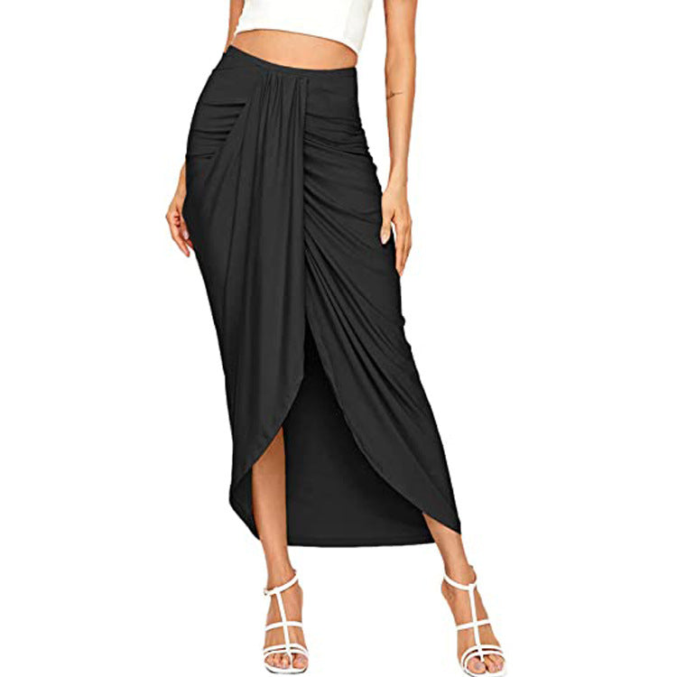 Women Casual Slit Wrap Asymmetric Elastic High Waist Skirt
