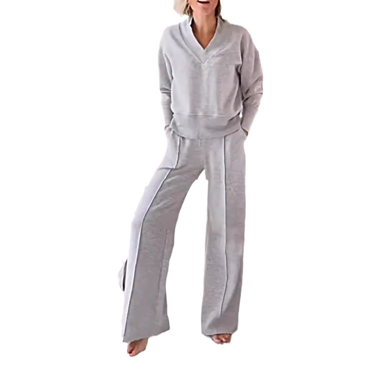 Conjunto de dos piezas de top y pantalones anchos de manga larga con escote en V para mujer