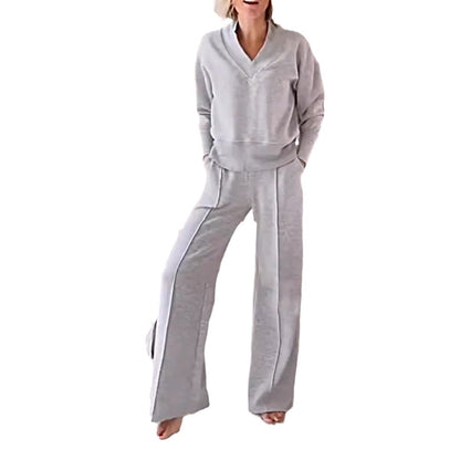 Conjunto de dos piezas de top y pantalones anchos de manga larga con escote en V para mujer