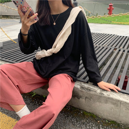 Camiseta informal de manga larga con cuello redondo y color liso para mujer