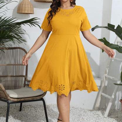Women Fashion Casual Solid Color Hollow Short Sleeve Plus Size Dress