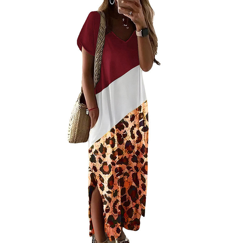 Women Casual Short Sleeve Leopard Print Side-Slit Maxi Dress