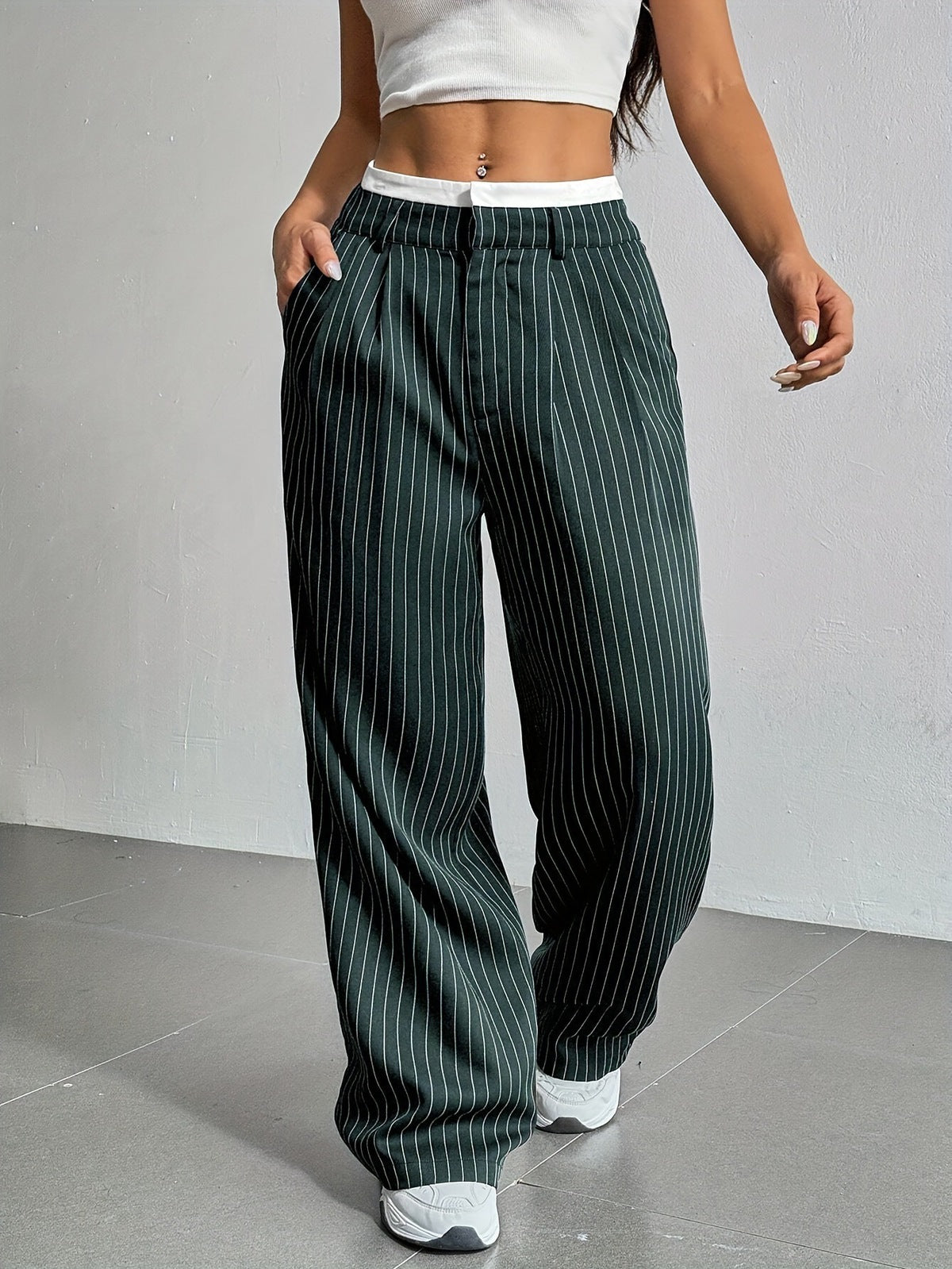Women Casual Solid Color Stripe High Waist Loose Pants