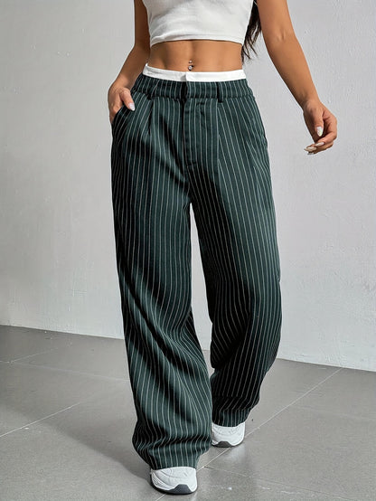 Women Casual Solid Color Stripe High Waist Loose Pants