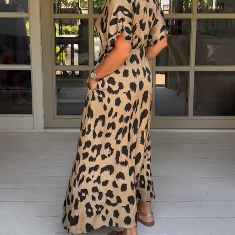 Women Loose Casual V-Neck Leopard Printed Split Dress