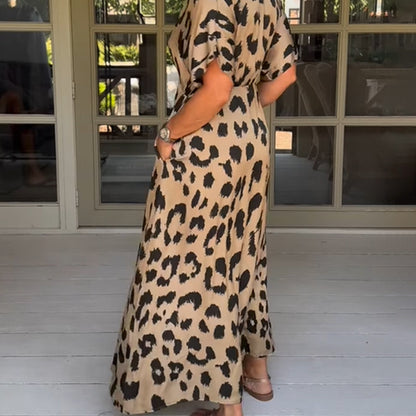Women Loose Casual V-Neck Leopard Printed Split Dress