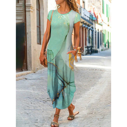 Vestido largo informal de manga corta con cuello redondo y estampado floral geométrico para mujer