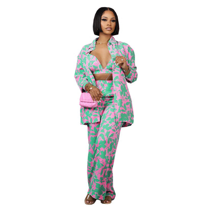 Conjunto de 3 piezas de abrigo informal con solapa y estampado floral para mujer, top corto con cintura definida y pantalones