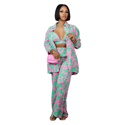 Conjunto de 3 piezas de abrigo informal con solapa y estampado floral para mujer, top corto con cintura definida y pantalones