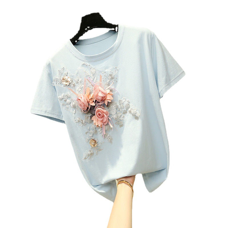 Camisetas casuales de algodón con cuello redondo y flores para mujer