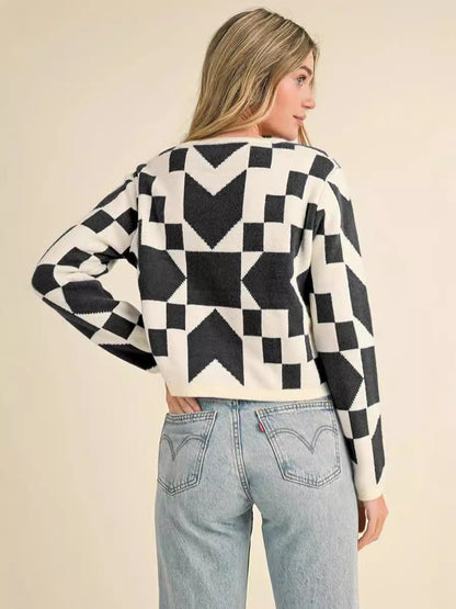 Suéter casual de manga larga con cordones y diseño geométrico para mujer