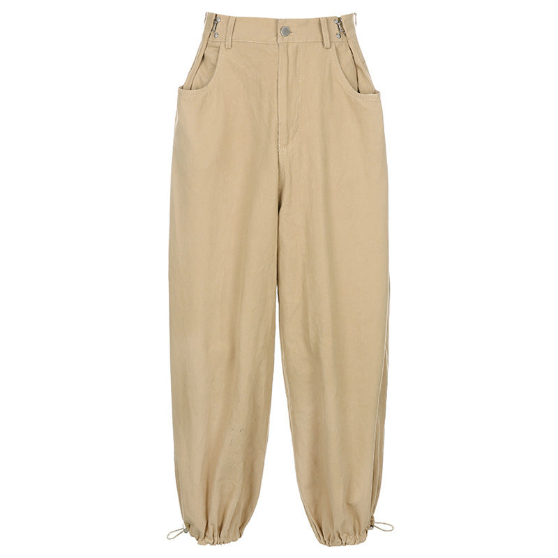 Women Khaki Strappy Overalls Loose Straight Casual Wide-Leg Jogger Pants