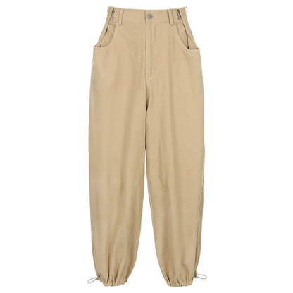 Women Khaki Strappy Overalls Loose Straight Casual Wide-Leg Jogger Pants