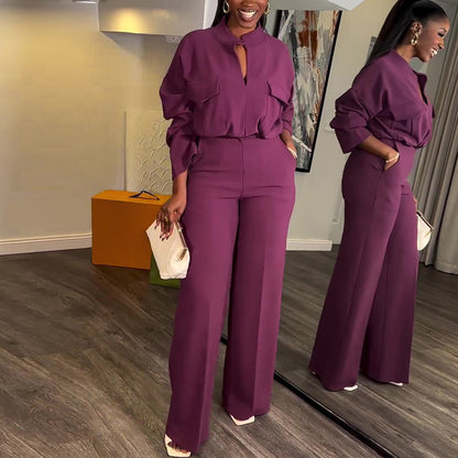 Conjunto de dos piezas de camiseta y pantalones anchos de manga larga con escote en V y color liso para mujer