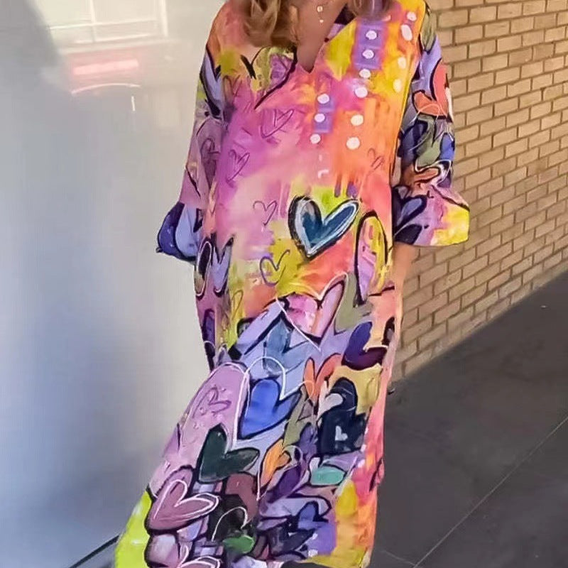 Women Fashion Casual Loose Heart-Shaped Print Long Sleeve Maxi Dress
