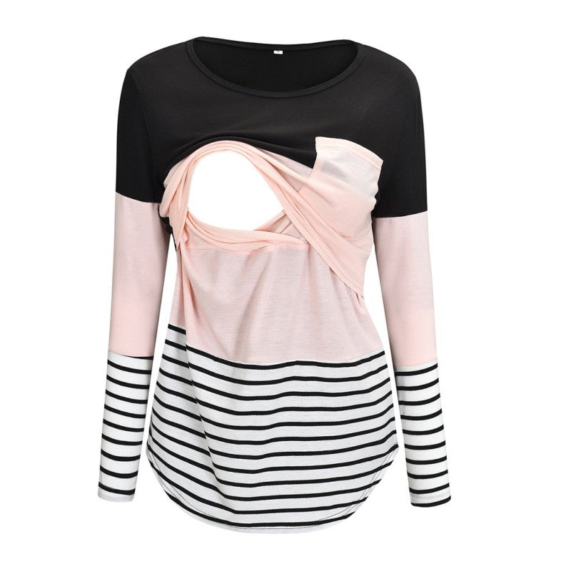 Top de lactancia de manga larga con cuello redondo y estampado de rayas informal de maternidad