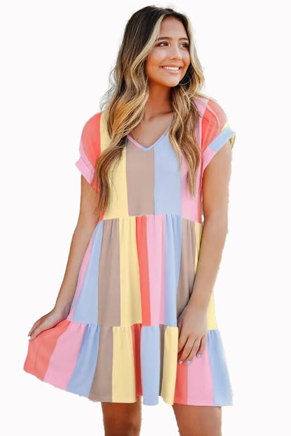 Women Fashion Casual V-Neck Color Blocking Dress