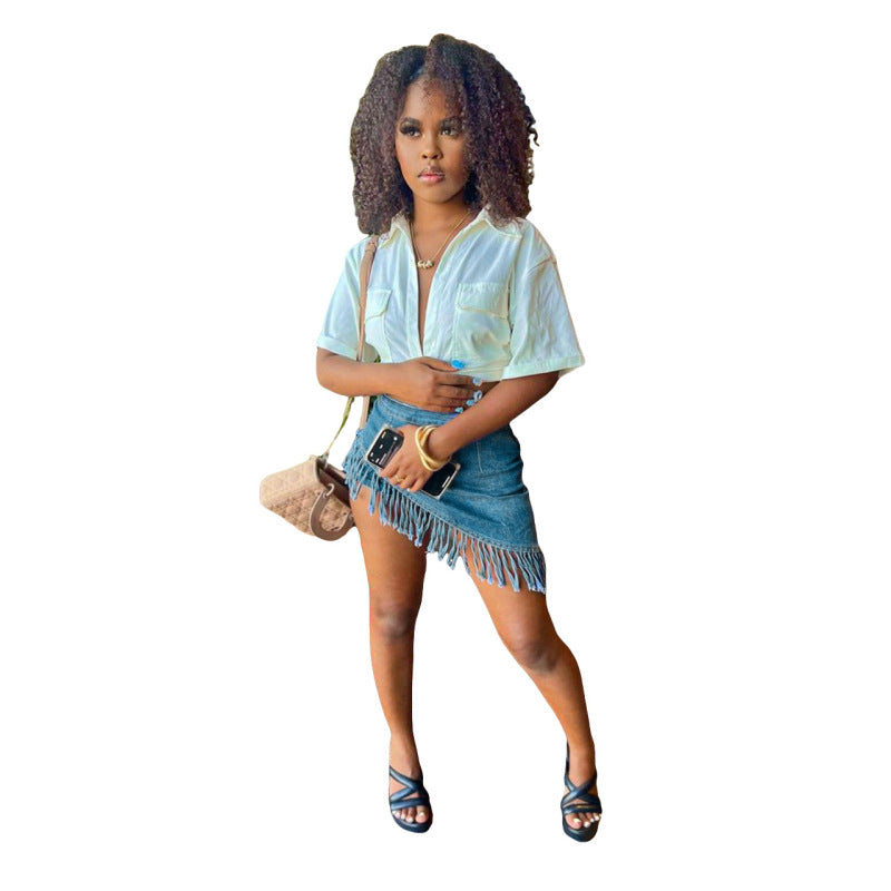 Women Fashion Casual Slim Stretch Beveled Fringed Denim Shorts