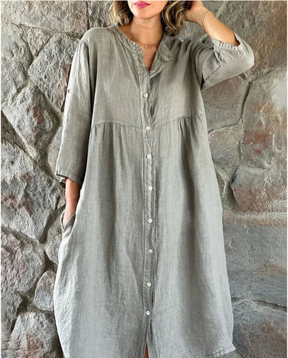 Women'S Fashion Casual Cotton Linen Solid Color Stand Collar Single-Breasted Dress