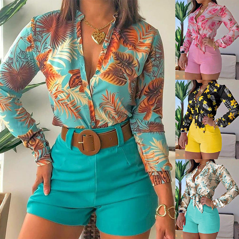 Conjunto de dos piezas de camiseta y pantalones cortos con cuello alto, estampados y manga larga para mujer