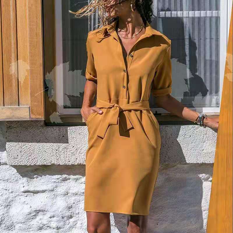 Fashion Casual Women Three-Quarter Sleeve Shirt Lace-Up Dress