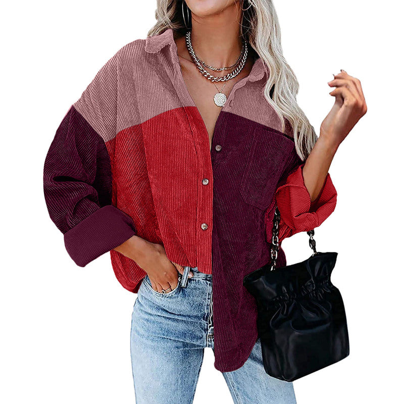 Blusa informal de manga larga con solapa y botones para mujer, con diseño de patchwork y bloqueo de color