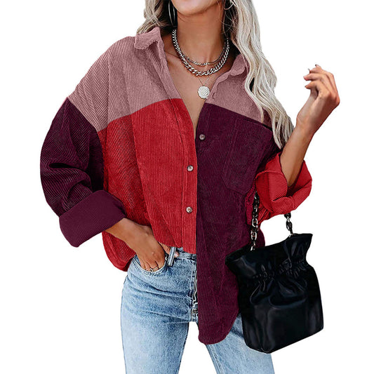 Blusa informal de manga larga con solapa y botones para mujer, con diseño de patchwork y bloqueo de color