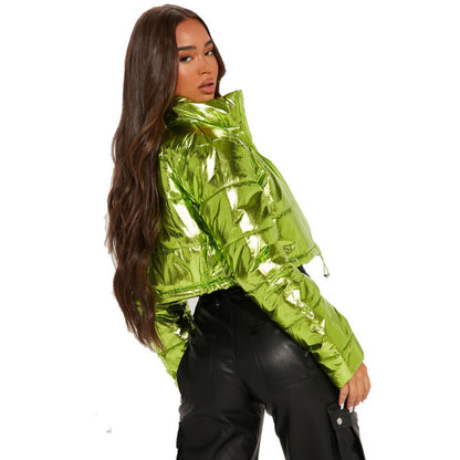 Abrigo corto con cremallera y cuello alto de color liso informal para mujer, moda Otoño Invierno