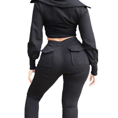Conjunto de dos piezas de top y pantalón de manga larga con solapa y cremallera informal para mujer