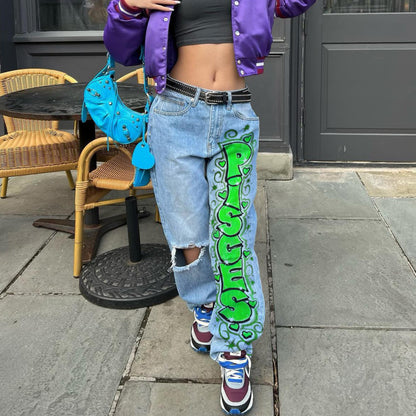 Vaqueros de pierna ancha con estampado de letras rasgadas e informales para mujer