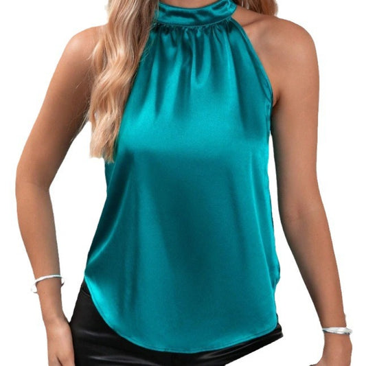 Camiseta sin mangas de satén con cuello halter, informal, de color liso, a la moda para mujer
